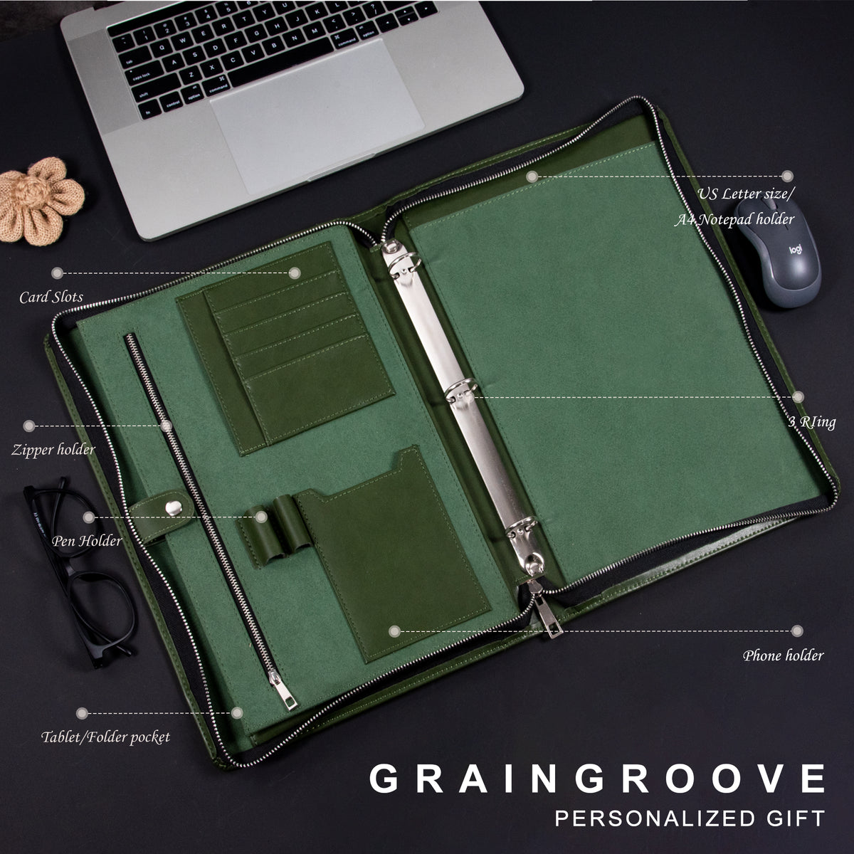 3-Ring Binder Vegan Leather Portfolio for Men,Green Leather Business Padfolio,A4 Notepad Folder,Custom Document Holder,Personalized Gifts,Graduation