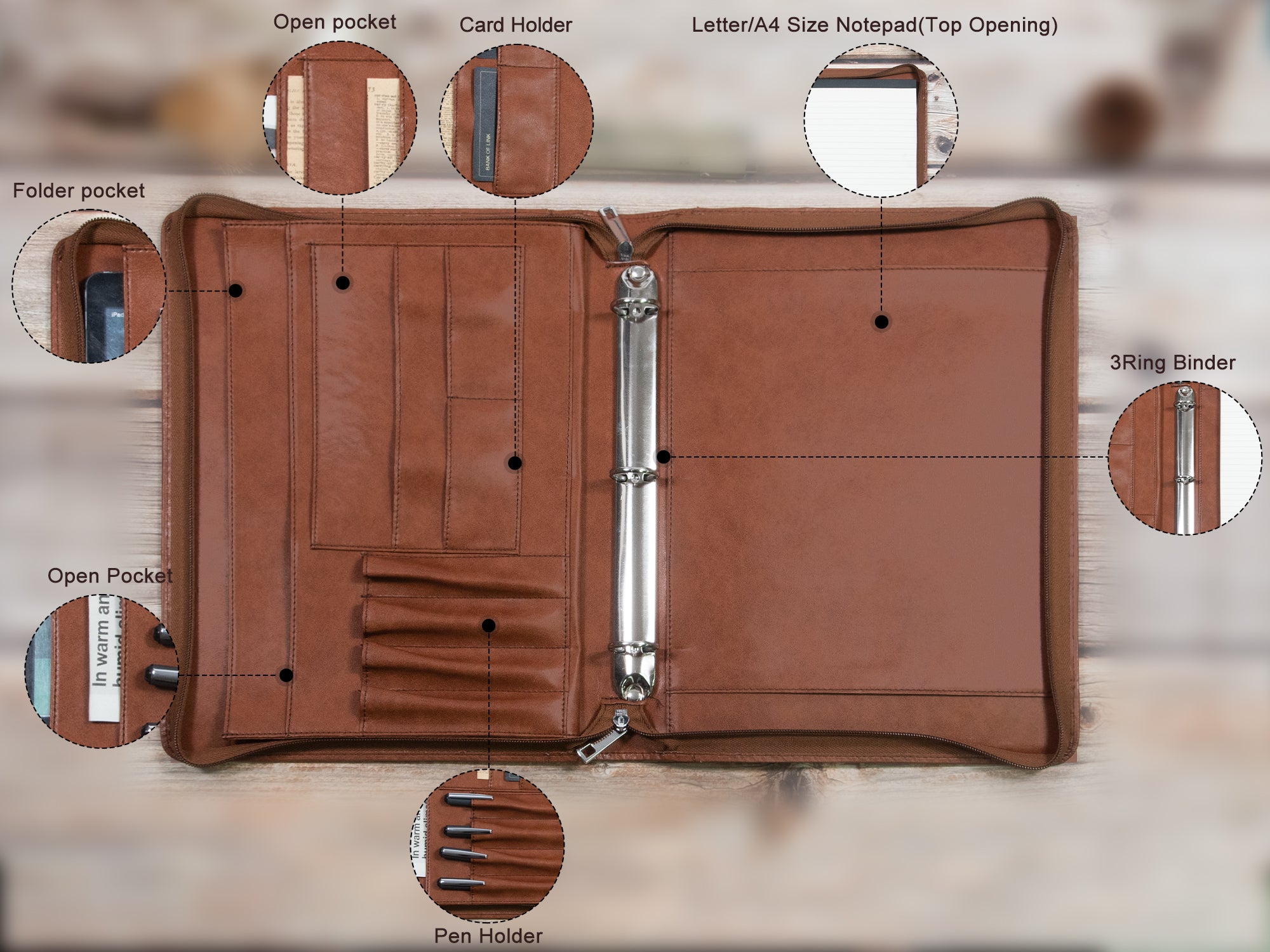 Custom Name&Logo Brown Vegan Leather Portfolio, 3-Ring Binder Leather Padfolio with A4 Notepad Holder, Personalized Business Folder,Graduation Gift Custom Name&Logo Brown Vegan Leather Portfolio, 3-Ring Binder Leather Padfolio with A4 Notepad Holder, Personalized Business Folder,Graduation Gift