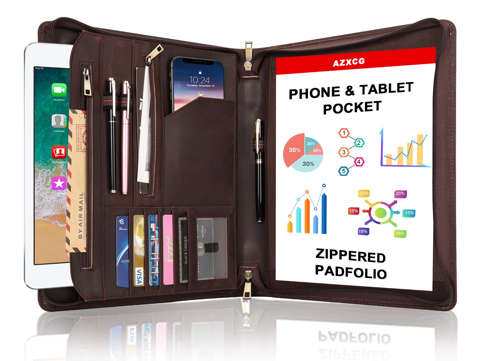 IPad Pro Leather Portfolio Case With A4 Size Notepad Paper,business  Carrying Zipper iPad Pro 12.9 Briefcase,with Apple Pencil Holder 