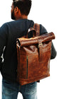 Leather Vintage Roll on Laptop Backpack For Men - AZXCG handmade genuine leather 