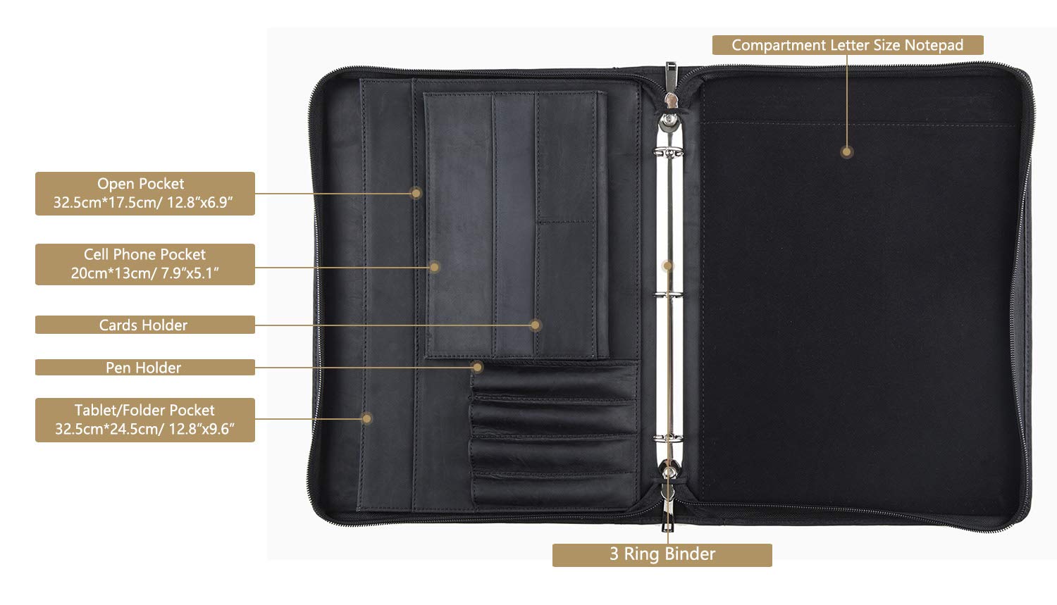 ImpecGear Zippered Executive Portfolio With Handle & Built-In Calculator - Black Padfolio