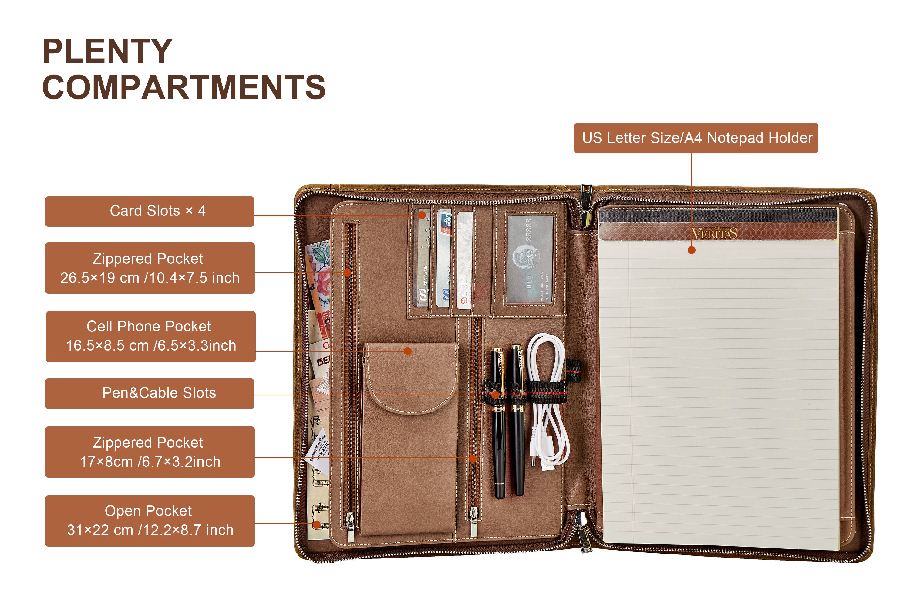 Leather Organizer Padfolio with Handle and Pocket, Zipper Leather