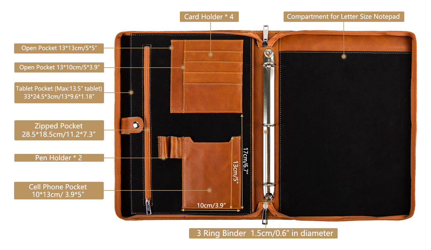 3 ring binder card holder 3 Ring Binder Leather Portfolio Handmade Genuine Cowhide Leather Oil Waxed Light Brown / Normal packaging