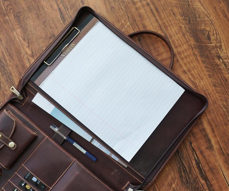 Personalized Leather Portfolio, Zippered Padfolio With Clipboard