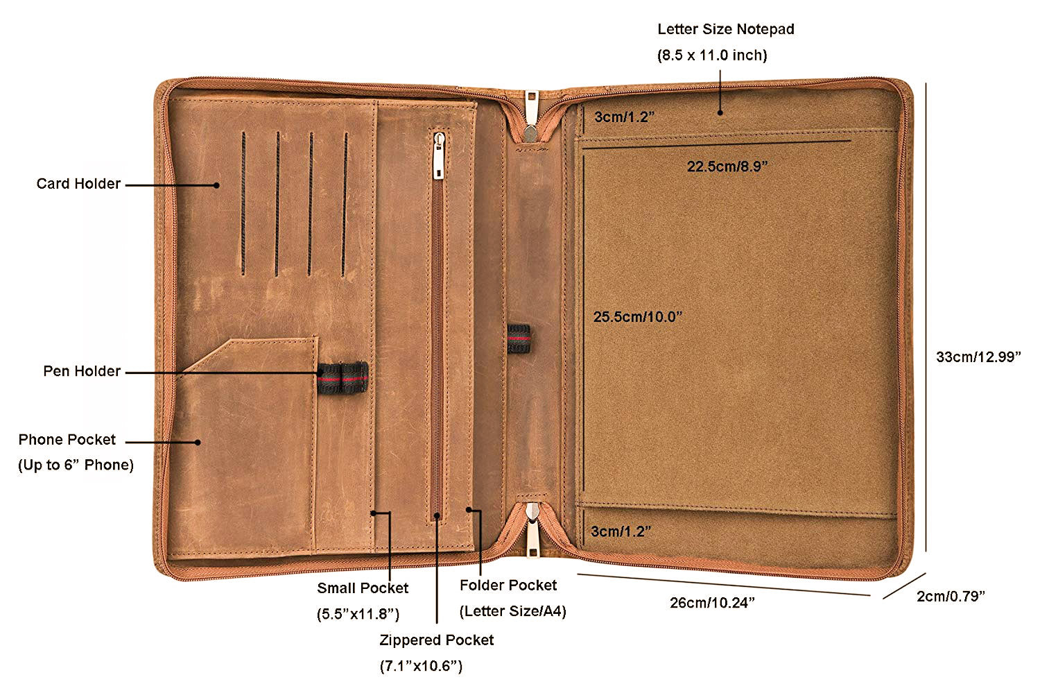 Vintage Crazy-Horse Leather Portfolio for Galaxy Tab, Zipper Organizer