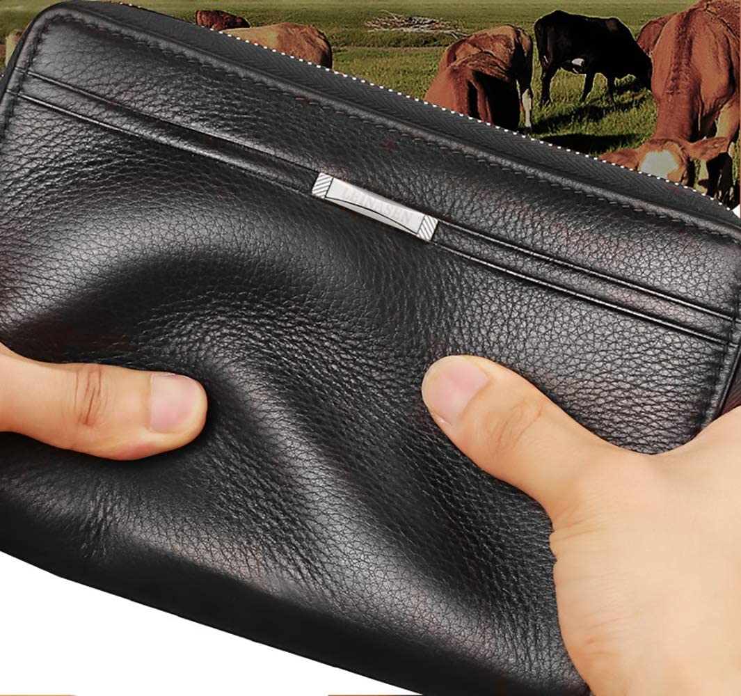 Fashion Business Mens Brand Clutch Bags Leather Phone Credit Card Organizer  Large Men Zipper Hand Bag Gift For Men(Black)