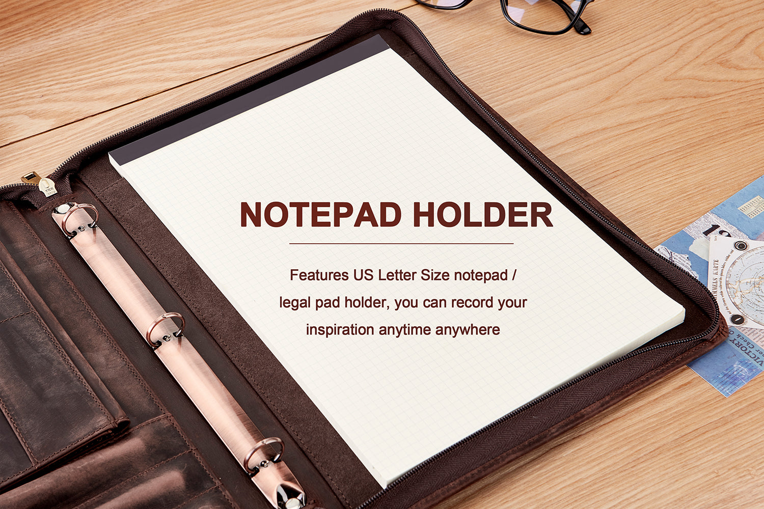 AZXCG Padfolio Organizer Genuine Leather Portfolio 3 Ring Binder for  MacBook Air 13/12.9 iPad Pro,Crazy-Horse Leather Business Portfolio  Notepad