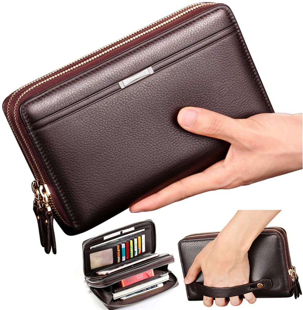 Mens Large Long Leather Clutch Hand Bag Wallet Purse Travel Passport  Business Cell Phone Holster Credit Card Holder Case for Dad Husband (Brown)